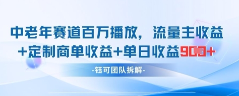 中老年赛道百万播放+流量主收益+定制收益，单日收益9张-九零网创