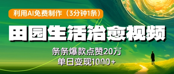 利用AI免费制作田园生活治愈视频，条条爆款点赞20W，单日变现几张-九零网创