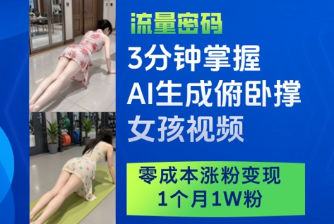 3分钟掌握AI生成俯卧撑女孩视频，零成本涨粉变现，1个月1W粉-九零网创
