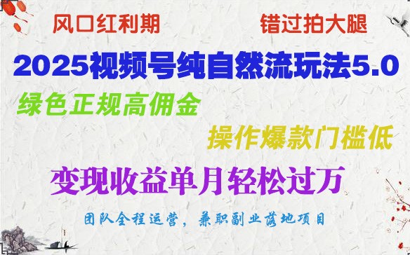 2025视频号纯自然流玩法5.0，绿色正规高佣金，操作爆款门槛低，变现收益单月轻松过万-九零网创