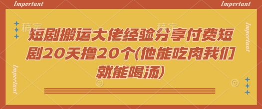 短剧搬运大佬经验分享付费短剧20天撸20个(他能吃肉我们就能喝汤)-九零网创