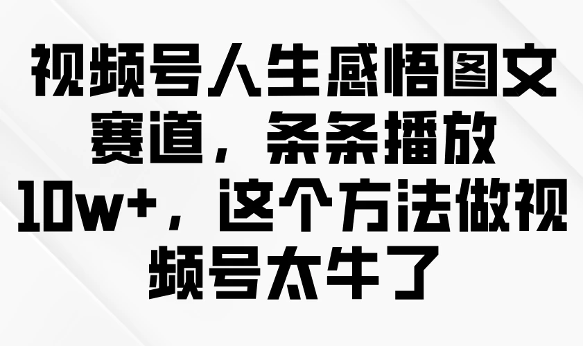 视频号人生感悟图文赛道，条条播放10w+，这个方法做视频号太牛了-九零网创