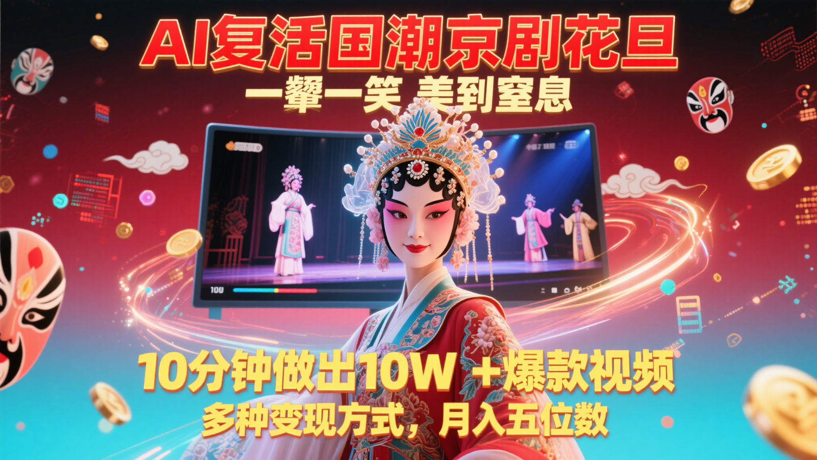 AI复活国潮京剧花旦，一颦一笑美到窒息，10分钟做出10W+爆款视频，多种变现方式-九零网创