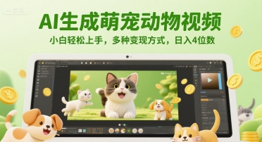 AI生成萌宠动物视频，小白轻松上手，多种变现方式，日入4位数-九零网创
