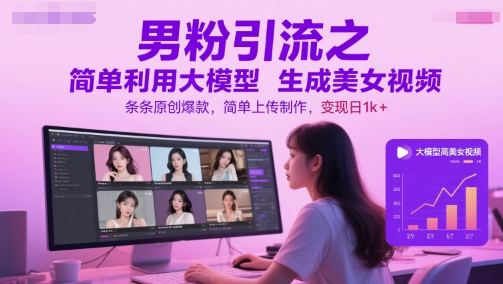 男粉引流之简单利用大模型生成美女视频，条条原创爆款，简单上传制作，变现日1k+-九零网创