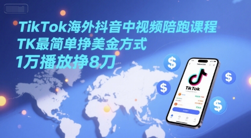 TikTok海外抖音中视频陪跑课程，TK最简单挣美金方式，1万播放挣8刀-九零网创