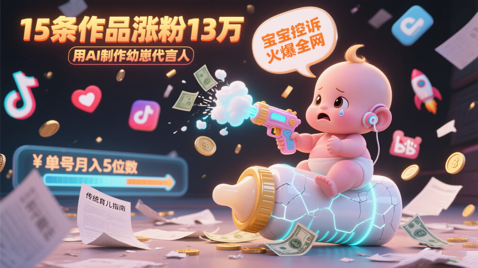 用AI制作幼崽代言人，宝宝的控诉火爆全网，15条作品涨粉13万，单号月入5位数实操教程-九零网创