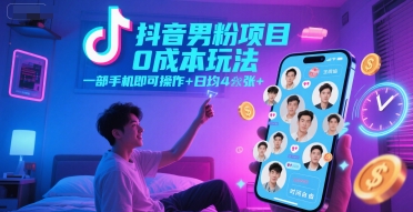 抖音男粉项目0成本玩法，一部手机即可操作，日均4张+，时间自由-九零网创
