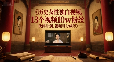 历史女性独白视频，13个视频10w粉丝，伙伴计划，视频号分成等-九零网创