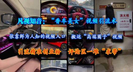 凡视知音：“香车美女”视频引流术，依靠鲜为人知的视频入口，搬运“高端圈子”视频，引流精准创业粉，评论区一堆“求带”-九零网创