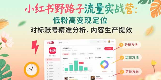 小红书野路子流量实战营：低粉高变现定位 对标账号精准分析 内容生产提效-九零网创
