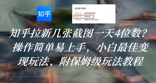 知乎拉新几张截图一天4位数？操作简单易上手，小白最佳变现玩法，附保姆级玩法教程-九零网创