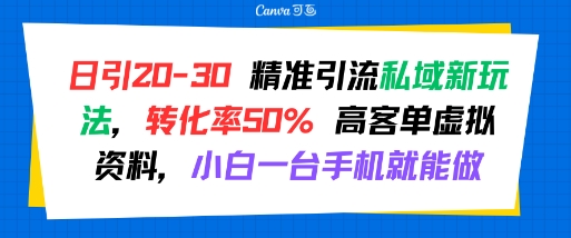 日引 20-30 精准引流私域新玩法，转化率50% 高客单虚拟资料，小白一台手机就能做-九零网创