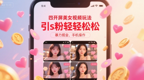 四开屏美女视频玩法，引s粉轻轻松松，暴力掘金，手机操作【揭秘】-九零网创