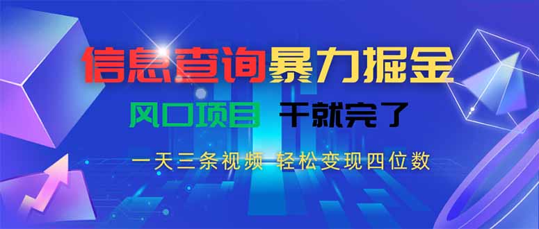 信息查询暴力掘金，一天三条视频 轻松变现四位数，风口项目干就完了-九零网创