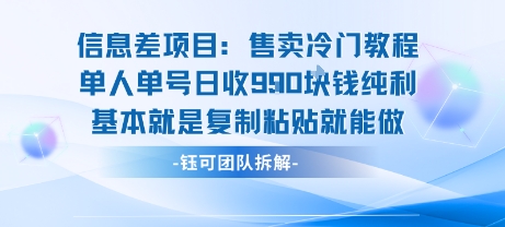 信息差项目：售卖冷门教程单人单号日收9张纯利基本就是复制粘贴就能做-九零网创