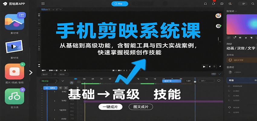 手机剪映系统课，从基础到高级功能，含智能工具与四大实战案例，快速掌握视频创作技能-九零网创