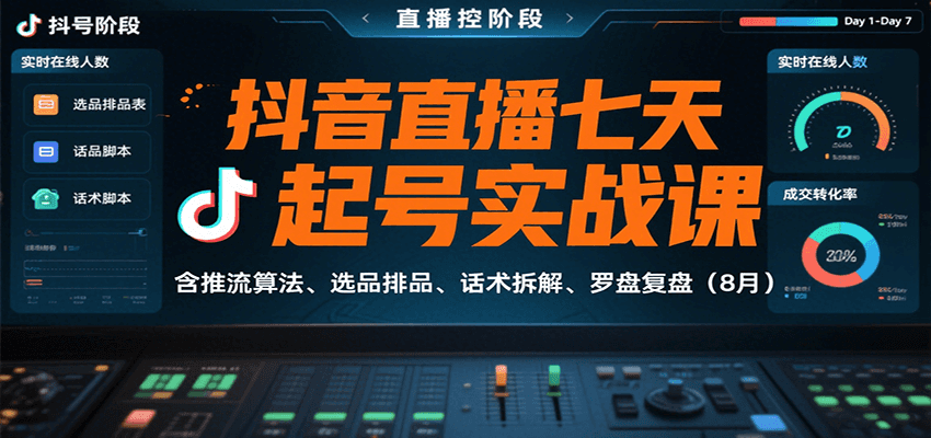 抖音直播七天起号实战课：含推流算法、选品排品、话术拆解、罗盘复盘(8月)-九零网创