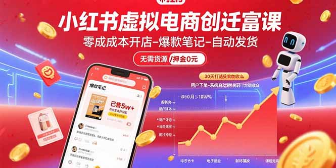 小红书虚拟电商创富课：零成本开店/爆款笔记/自动发货,30天打造被动收入-九零网创