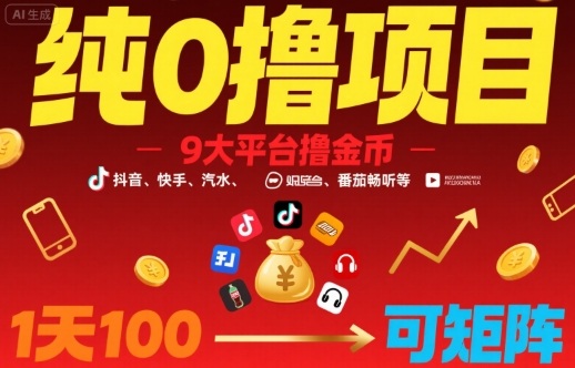 纯0撸项目，9大平台撸金币，抖音，快手，汽水，番茄畅听等，1天100，可矩阵-九零网创