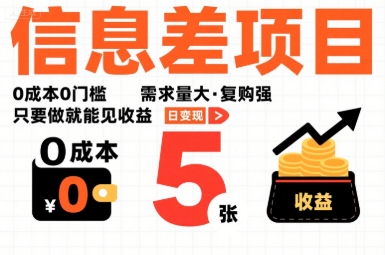 一个信息差项目，0成本0门槛，需求量大，复购强，只要做就能见收益，一天变现5张【揭秘】-九零网创