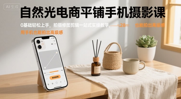 自然光电商平铺手机摄影课，0基础轻松上手，拍摄修图剪辑一站式实操教学，用手机也能拍出高级感-九零网创