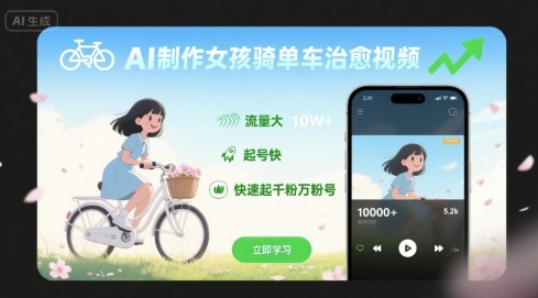 AI制作女孩骑单车治愈视频，流量大，起号快，快速起千粉万粉号-九零网创