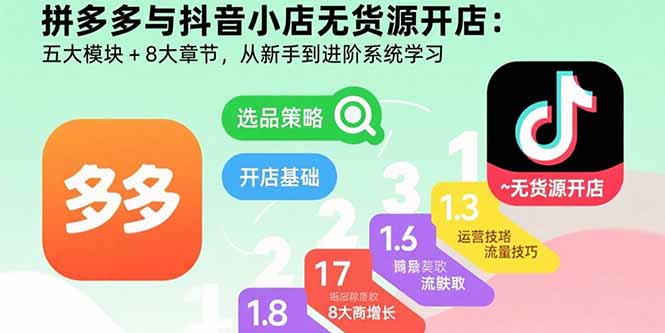 拼多多与抖音小店无货源开店：五大模块+8大章节，从新手到进阶系统学习-九零网创