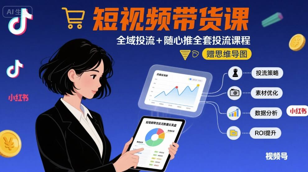 最新短视频带货课，全域投流+随心推全套投流课程+思维导图-九零网创