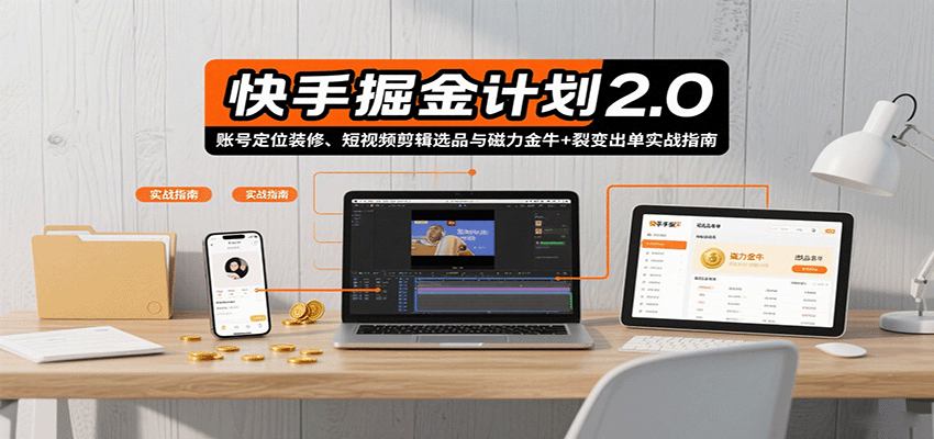 快手掘金计划2.0，账号定位装修、短视频剪辑选品与磁力金牛+裂变出单实战指南-九零网创