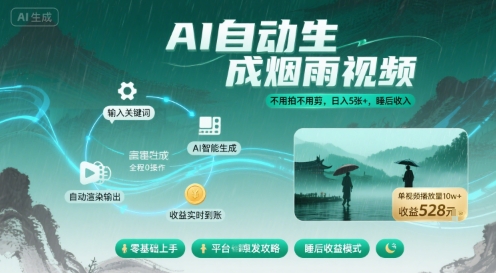 不用拍不用剪！AI自动生成烟雨视频，日入5张+，睡后收入-九零网创