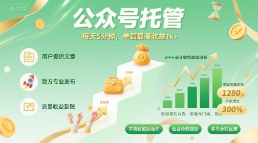 【公众号托管 】我提供文章，你发布，每天5分钟，单篇最高收益1k+【揭秘】-九零网创