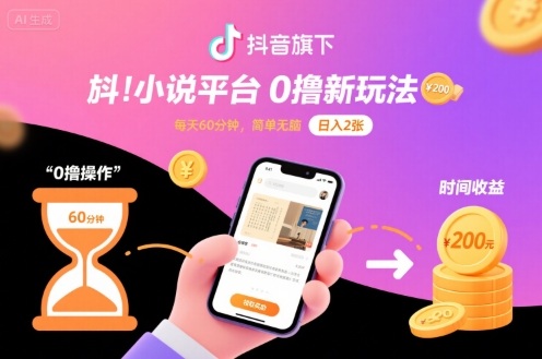 抖音旗下小说平台0撸新玩法，每天挂G60分钟，简单无脑，日入2张【揭秘】-九零网创