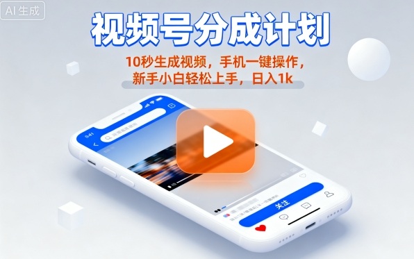 视频号分成计划懒人玩法，10秒生成视频，手机一键操作，新手小白轻松上手，日入1K【揭秘】-九零网创