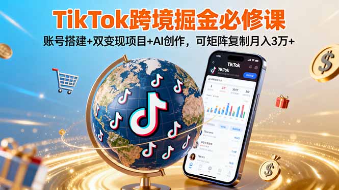 TikTo跨境掘金必修课，账号搭建+双变现项目+AI创作，可矩阵复制月入3万+-九零网创