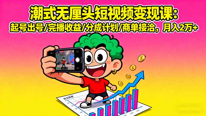 潮式无厘头短视频变现课：起号出号/完播收益/分成计划/商单接洽，月入2万+-九零网创