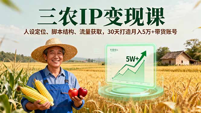 三农IP变现课，人设定位、脚本结构、流量获取，30天打造月入5万+带货账号-九零网创