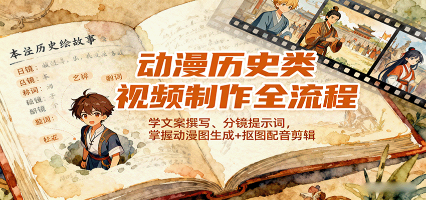 动漫历史类视频制作全流程，学文案撰写、分镜提示词，掌握动漫图生成+抠图配音剪辑-九零网创