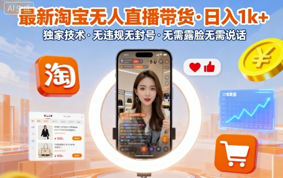 最新淘宝无人直播带货，日入1k+，独家技术，无违规无封号，无需露脸无需说话【揭秘】-九零网创