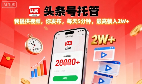 【头条号托管】我提供视频，你发布，每天5分钟，最高躺入2W+【揭秘】-九零网创