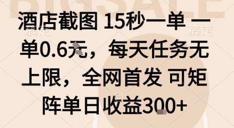 酒店截图15秒一单，一单0.6米，每天任务无上限，全网首发可矩阵单日收益3张【揭秘】-九零网创