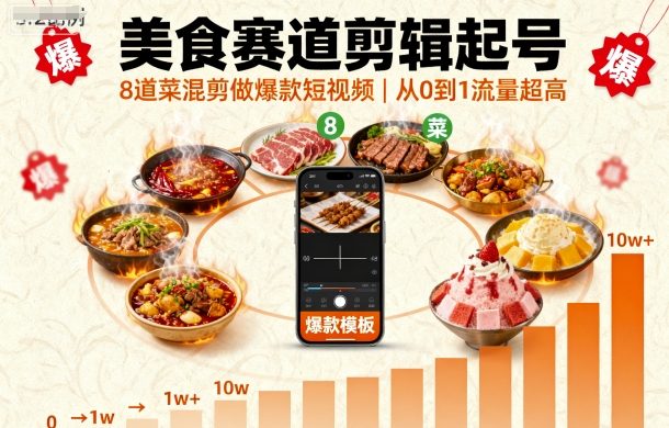 美食赛道剪辑起号，8道菜混剪做爆款短视频，从0到1，流量超高-九零网创