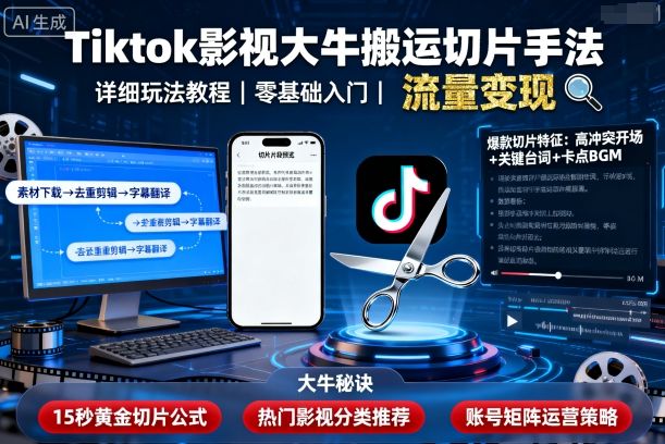 Tiktok影视大牛搬运切片手法，详细玩法教程-九零网创