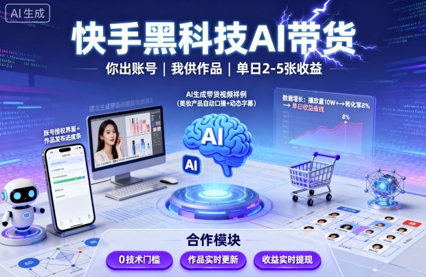 快手黑科技AI带货，你提供账号，我提供作品并发布，单日2-5张【揭秘】-九零网创