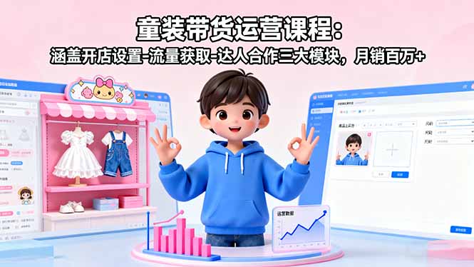 童装带货运营课程：涵盖开店设置-流量获取-达人合作三大模块，月销百万+-九零网创