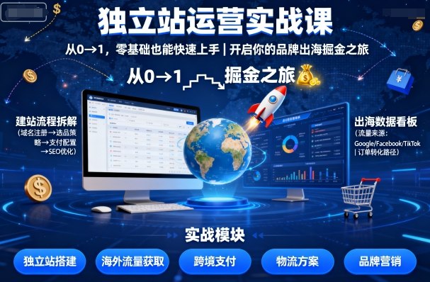 独立站运营实战课，​从0到1，零基础也能快速上手，开启你的品牌出海掘金之旅-九零网创