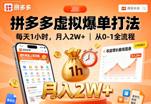 拼多多虚拟爆单打法，每天1小时，月入2W+，从0-1全流程-九零网创