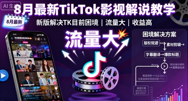 8月最新TikTok影视解说教学，新版解决TK目前困境，流量大，收益高-九零网创