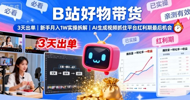 B站好物带货，3天出单，新手月入1W实操拆解，AI生成视频，抓住平台红利期最后机会-九零网创