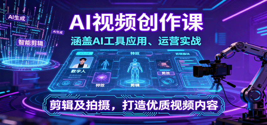 AI视频创作课，涵盖AI工具应用、运营实战、剪辑及拍摄，打造优质视频内容-九零网创